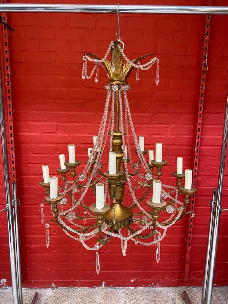 Large Chandelier In Wood And Golden Metal, Pampilles, Neo Classic Style, Circa 1950