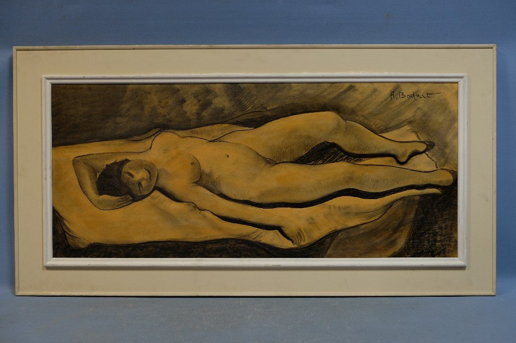  	 	"Nu couché", huile sur panneau signée A. BODART (43x98) 