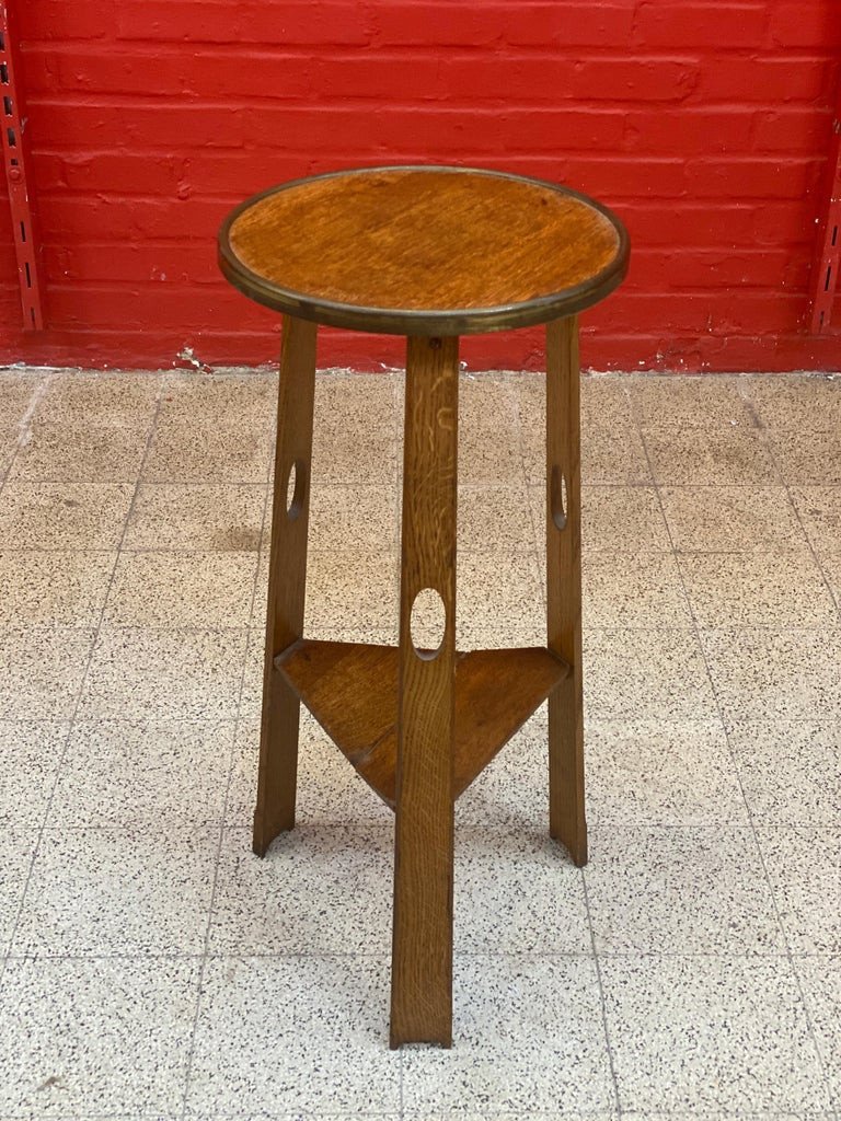 Tabouret Art And Craft , En Chêne Et Laiton, Circa 1900-photo-1