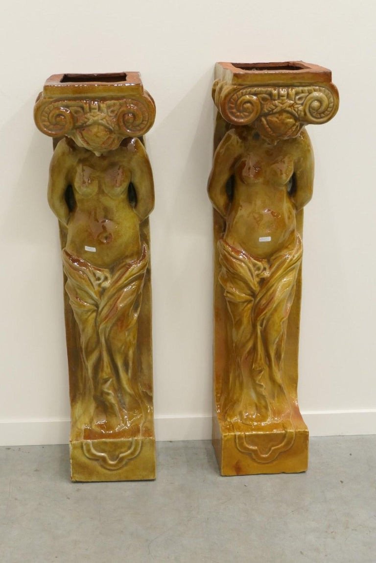 2 Cariatides En Terre Cuite émaillée Circa 1930