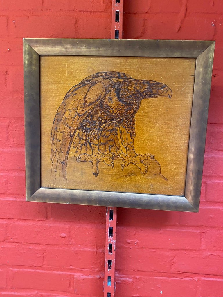 Art Deco Work, Pyrographed Table Representing An Eagle, In A Silver Wood Frame, 1930-photo-4