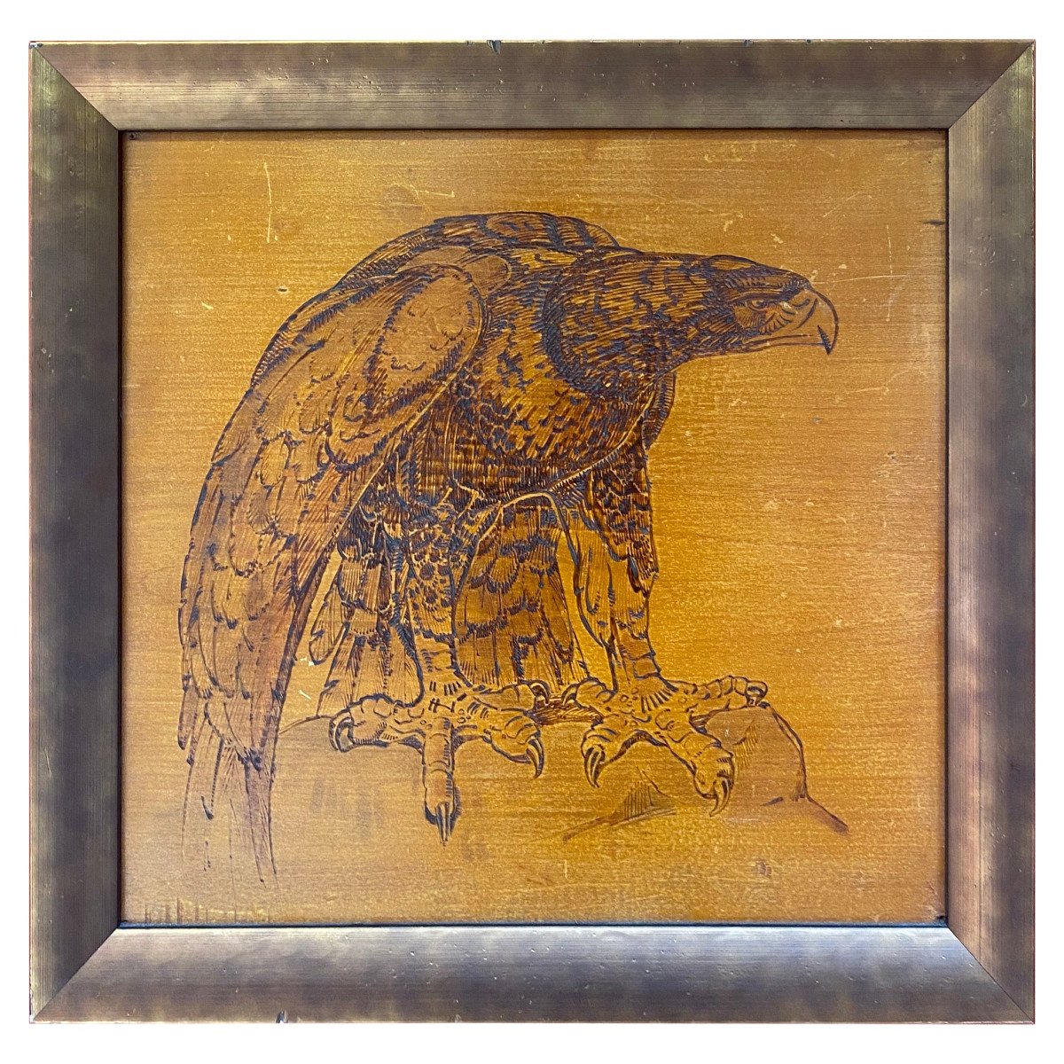 Art Deco Work, Pyrographed Table Representing An Eagle, In A Silver Wood Frame, 1930
