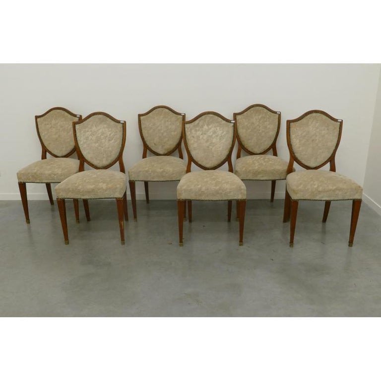 6 Art Deco Walnut Chairs, Brass Clogs-photo-2