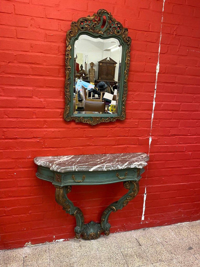 Console Et Son Miroir De Style Louis XV En Bois Patiné Et Marbre Circa 1930-photo-2