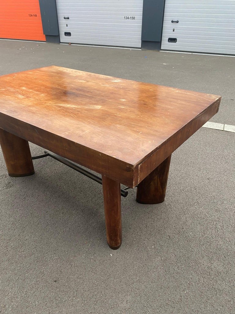 Table Ou Table Bureau Art Deco Moderniste En Noyer , Entretoise Et Sabot En Métal, Circa 1930-photo-2