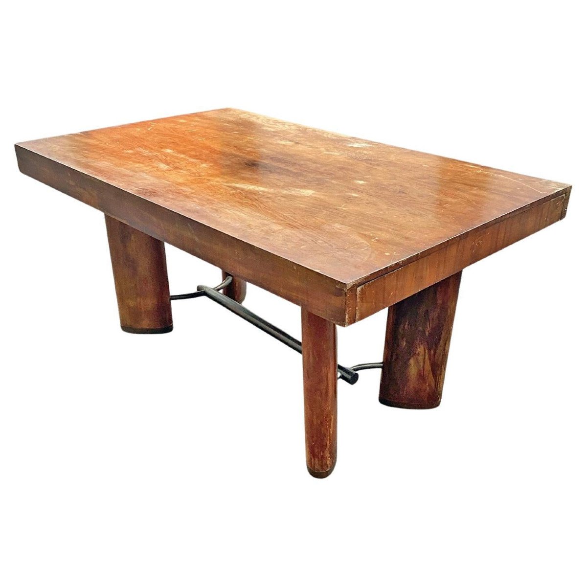 Table Ou Table Bureau Art Deco Moderniste En Noyer , Entretoise Et Sabot En Métal, Circa 1930