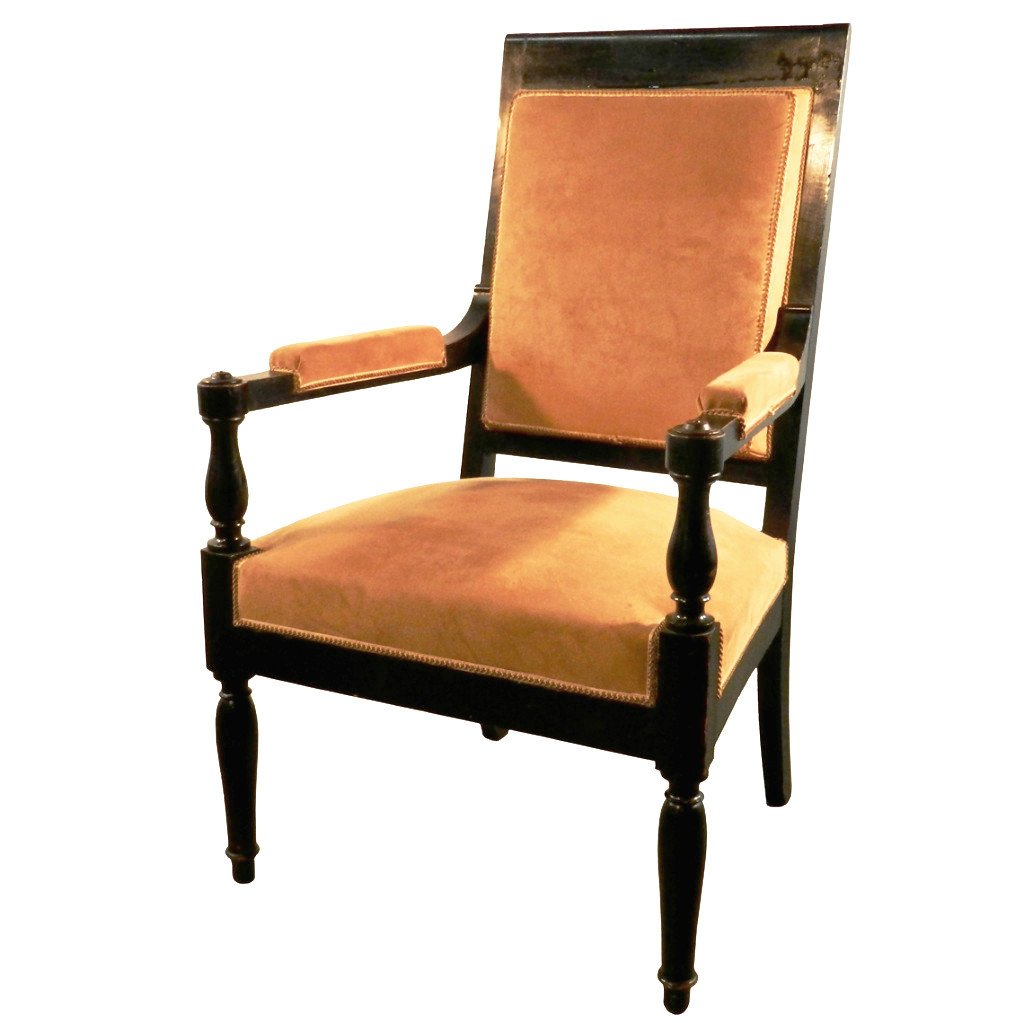 Suite De 4 élégants Fauteuils Néoclassiques 1940 En Bois Laque Et Alcantara, style Arbus-photo-2