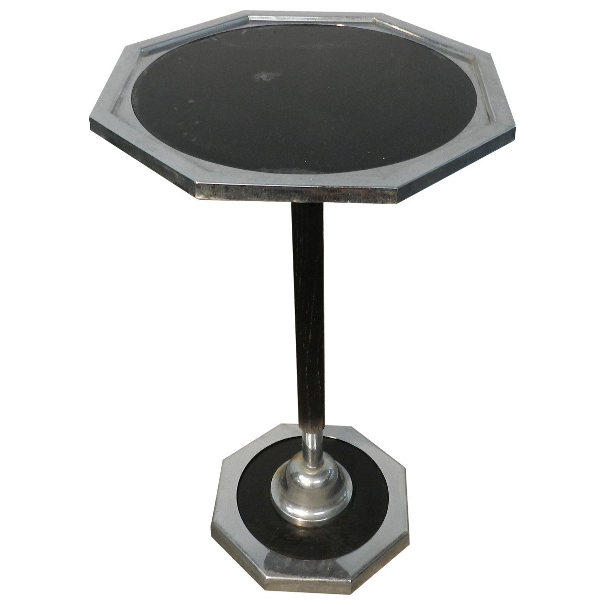 Art Deco Pedestal Table In Blackened Wood, Chrome And Tinted Glass Circa 190/1940