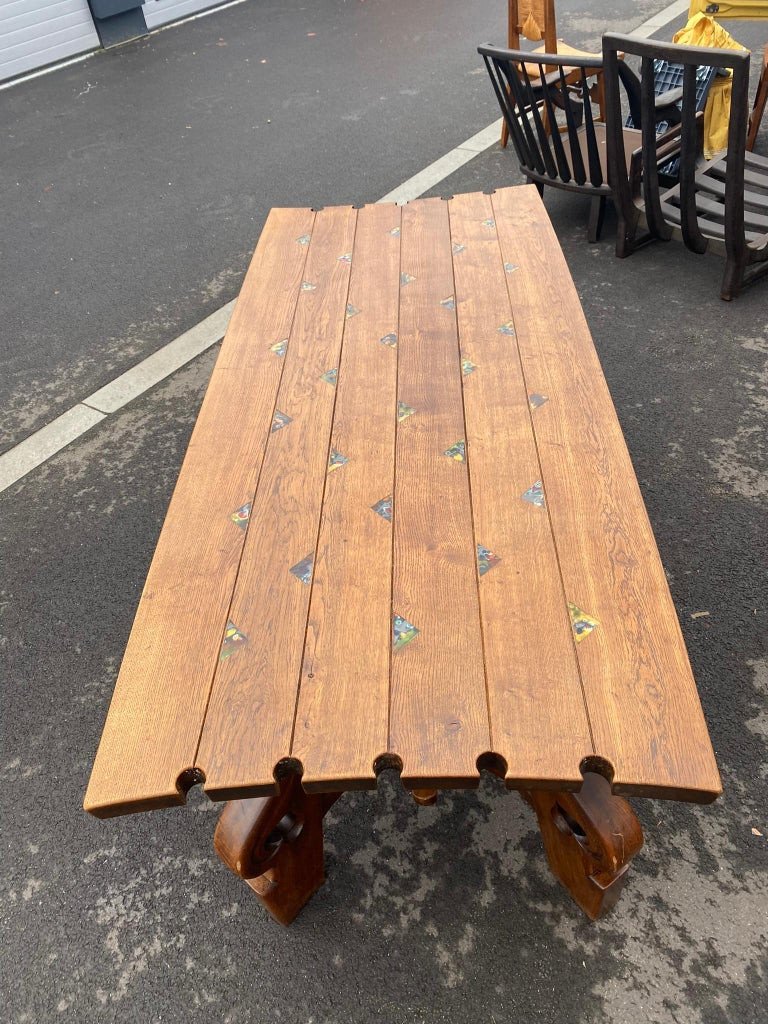 Large Original Neo Rustic Table In Solid Oak Circa 1960-photo-7