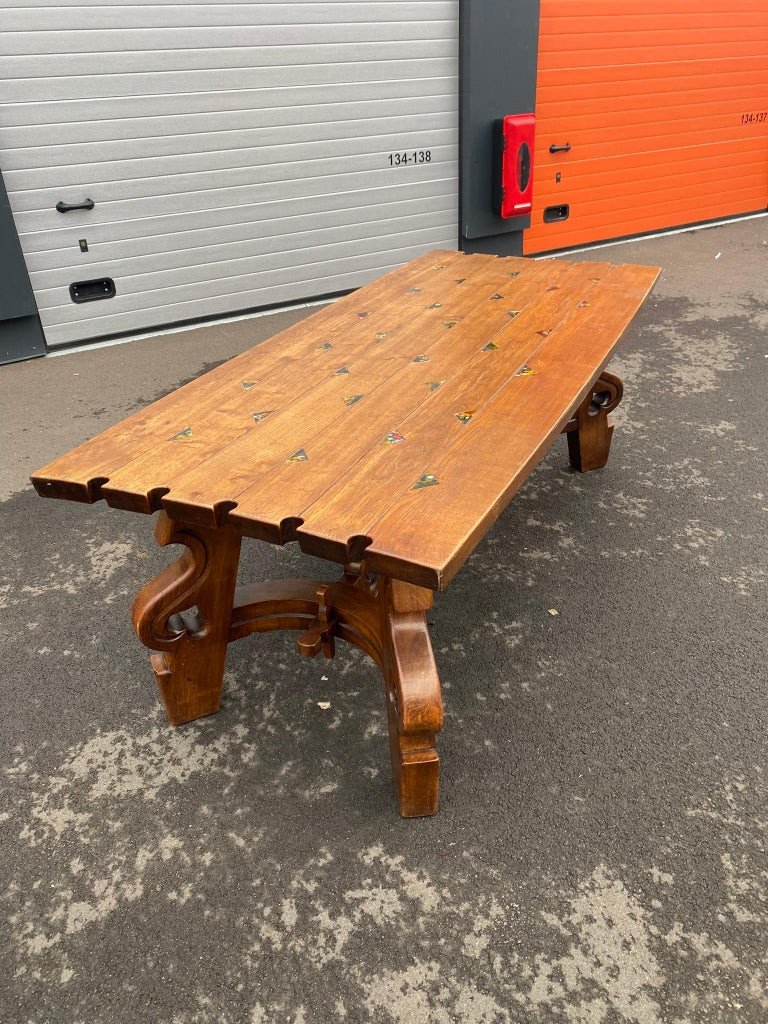 Grande Originale  Table Néo Rustique En Chêne Massif Circa 1960-photo-8