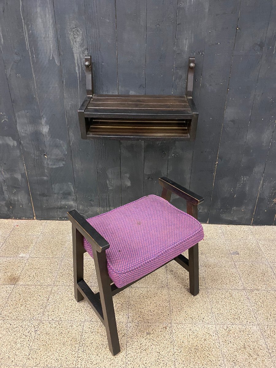 Guillerme Et Chambron, Blackened Oak Shelf And Stool, Your House Edition, Circa 1970-photo-3