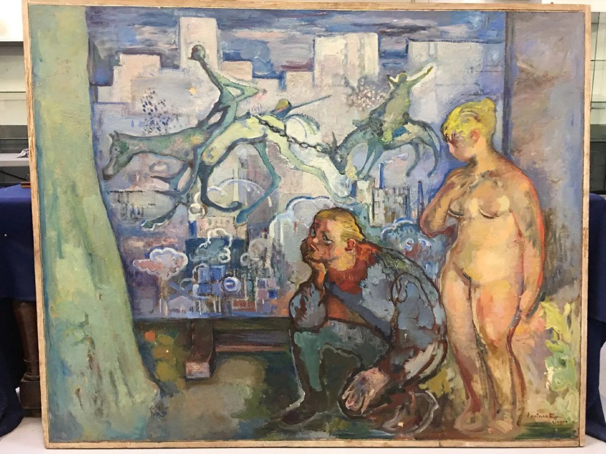 Henri Saada (1906-1976) "the Artist's Dream" Large Oil On Canvas, Signed-photo-2