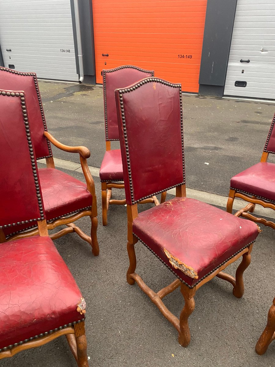 Suite Of 10 Louis XIII Style "sheep Bone" Seats In Oak And Leather, To Be Restored-photo-4