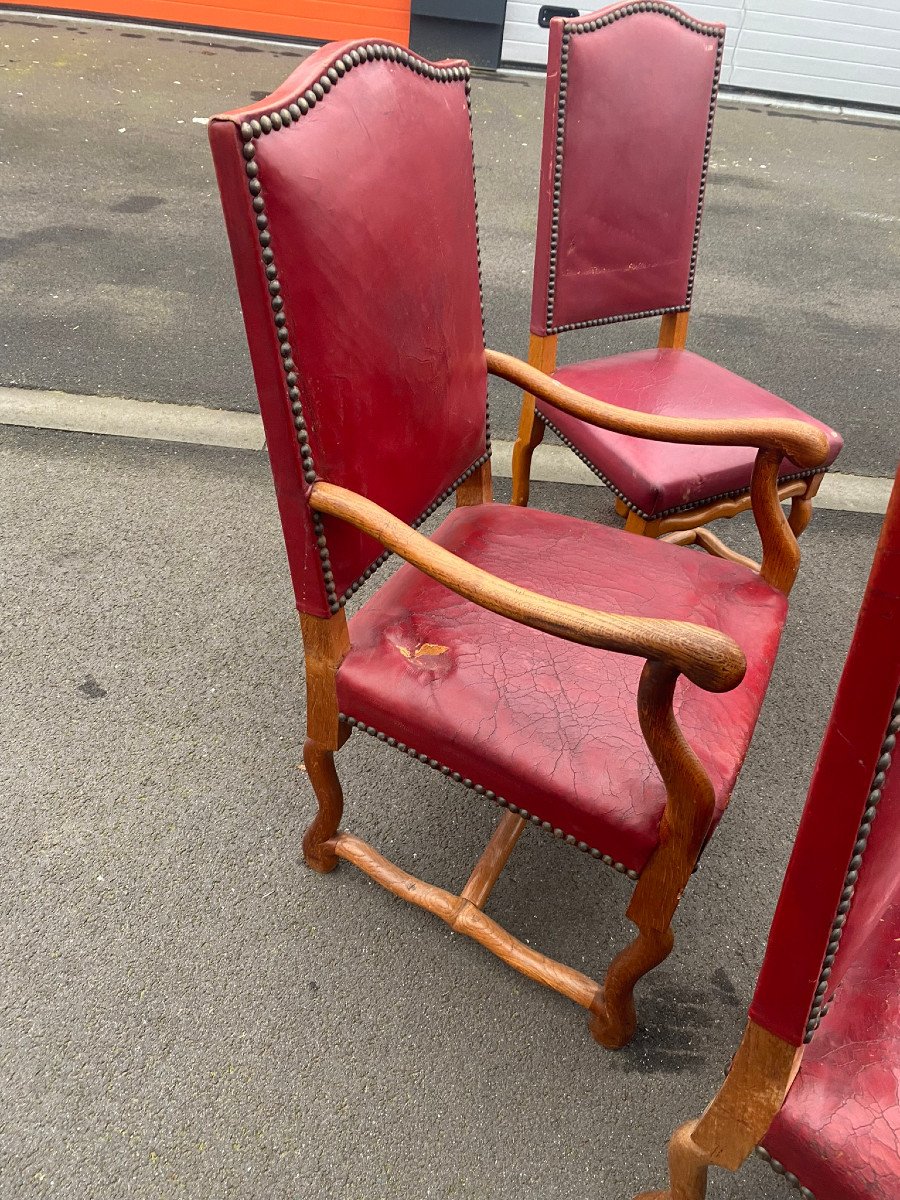 Suite Of 10 Louis XIII Style "sheep Bone" Seats In Oak And Leather, To Be Restored-photo-2