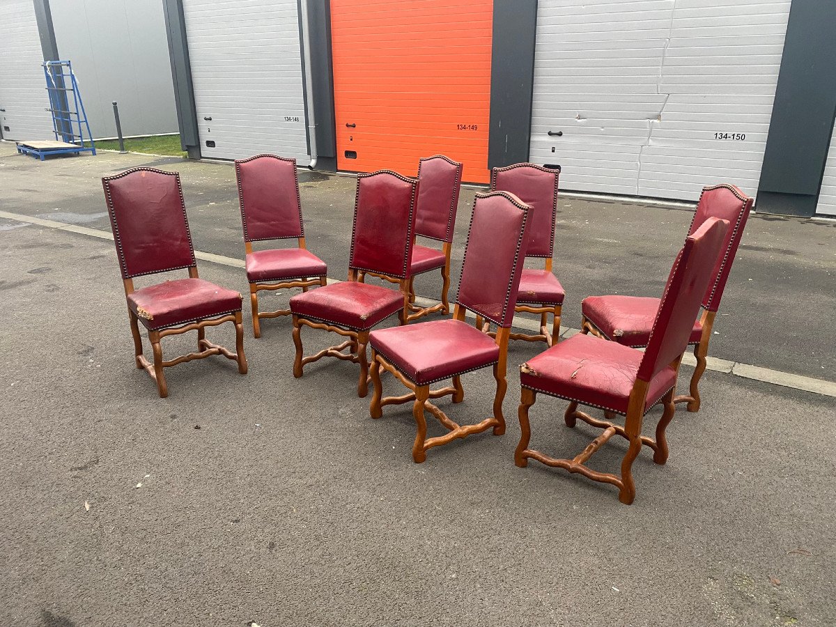 Suite Of 10 Louis XIII Style "sheep Bone" Seats In Oak And Leather, To Be Restored-photo-7