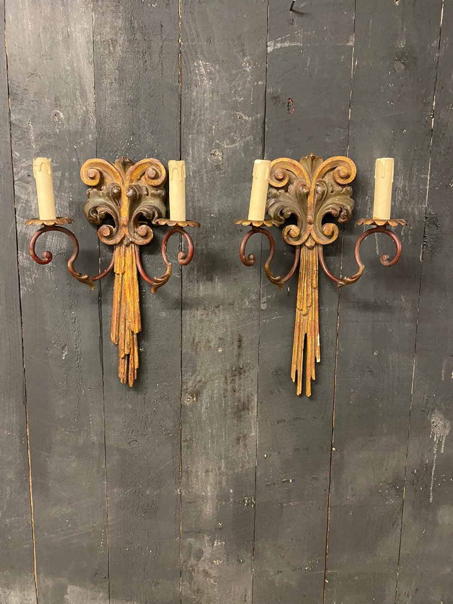 Pair Of Neo Classic Wall Lamps In Polychromed Wood Circa 1950