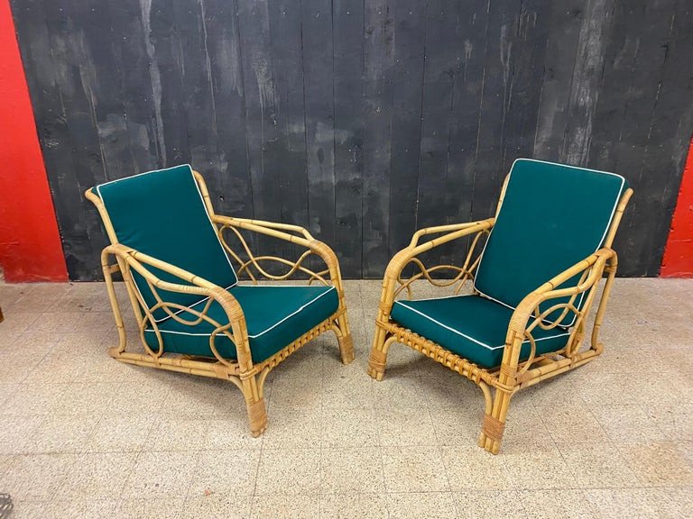 Paire De Fauteuils Vintages En Bamboo Circa 1960/1970, Coussins Refaits-photo-2