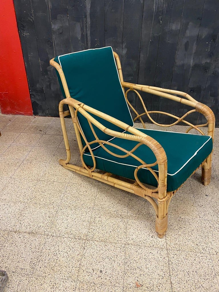 Paire De Fauteuils Vintages En Bamboo Circa 1960/1970, Coussins Refaits-photo-3