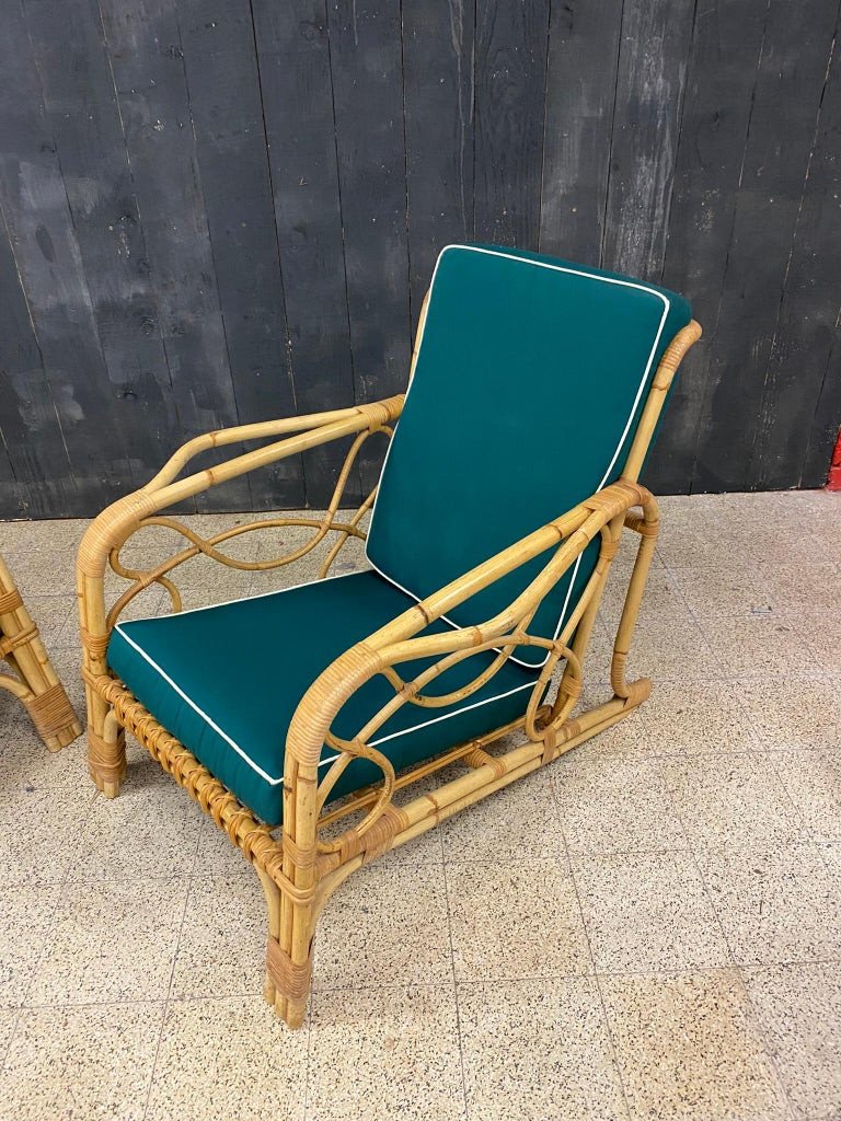 Paire De Fauteuils Vintages En Bamboo Circa 1960/1970, Coussins Refaits-photo-4