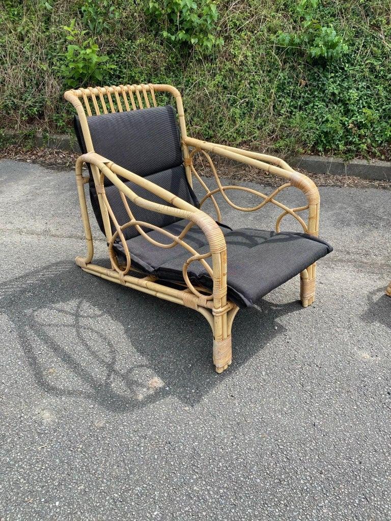 Paire De Fauteuils Vintages En Bamboo Circa 1960/1970, Coussins Refaits-photo-6