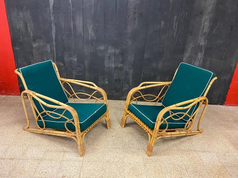 Paire De Fauteuils Vintages En Bamboo Circa 1960/1970, Coussins Refaits