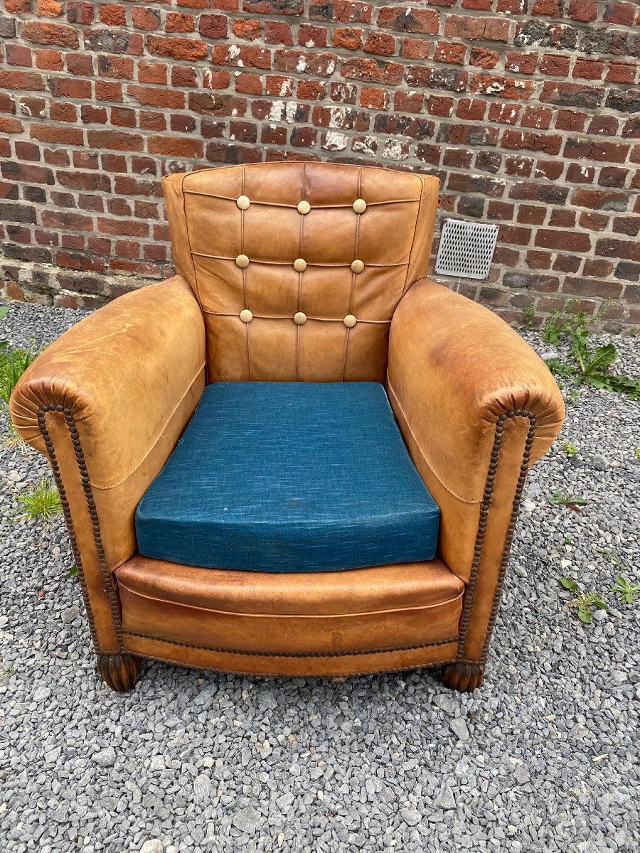 Fauteuil Club Art Deco En Cuir, Circa 1930/1950-photo-1