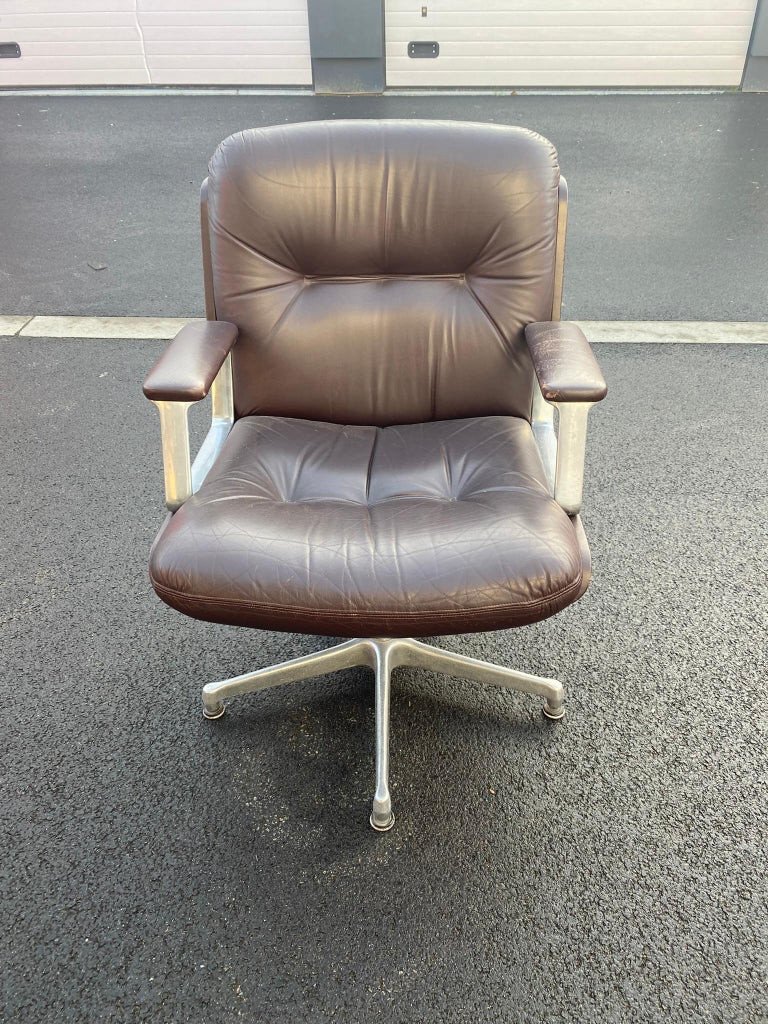 Ico Parisi (dans Le Style De) Fauteuil De Bureau En Cuir Et Fonte d'Aluminium, Circa 1970-photo-3