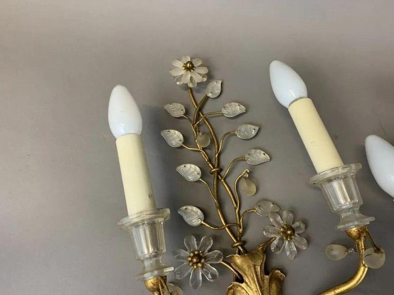 Maison Baguès, Pair Of Sconces In Golden Metal, Glass And Mirror Circa 1960-photo-2