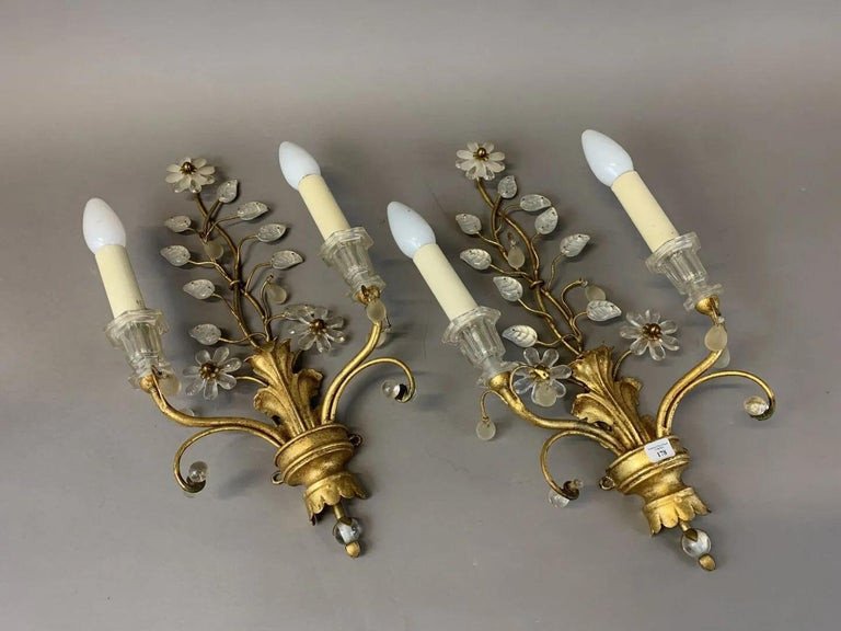 Maison Baguès, Pair Of Sconces In Golden Metal, Glass And Mirror Circa 1960-photo-3