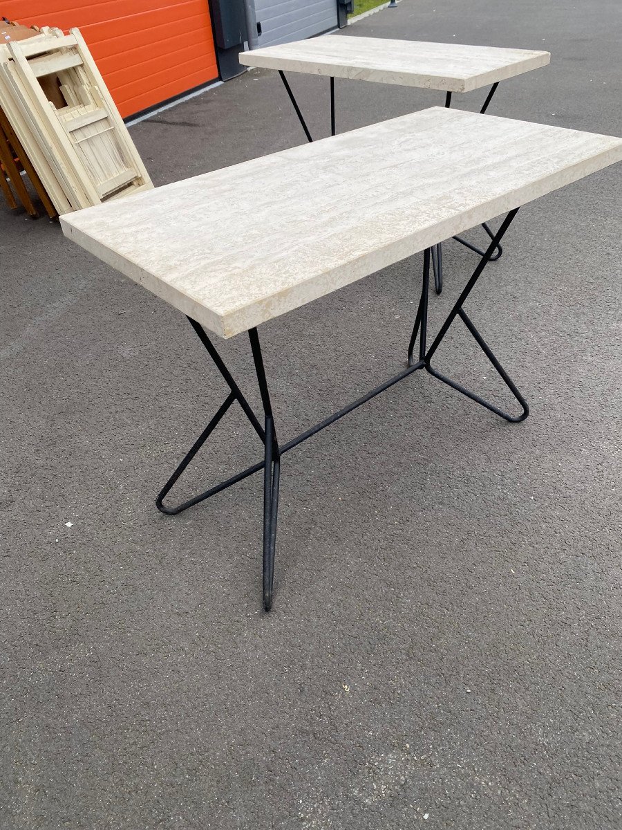 Two Lacquered Metal Consoles, Travertine Trays, Circa 1950/1960-photo-4