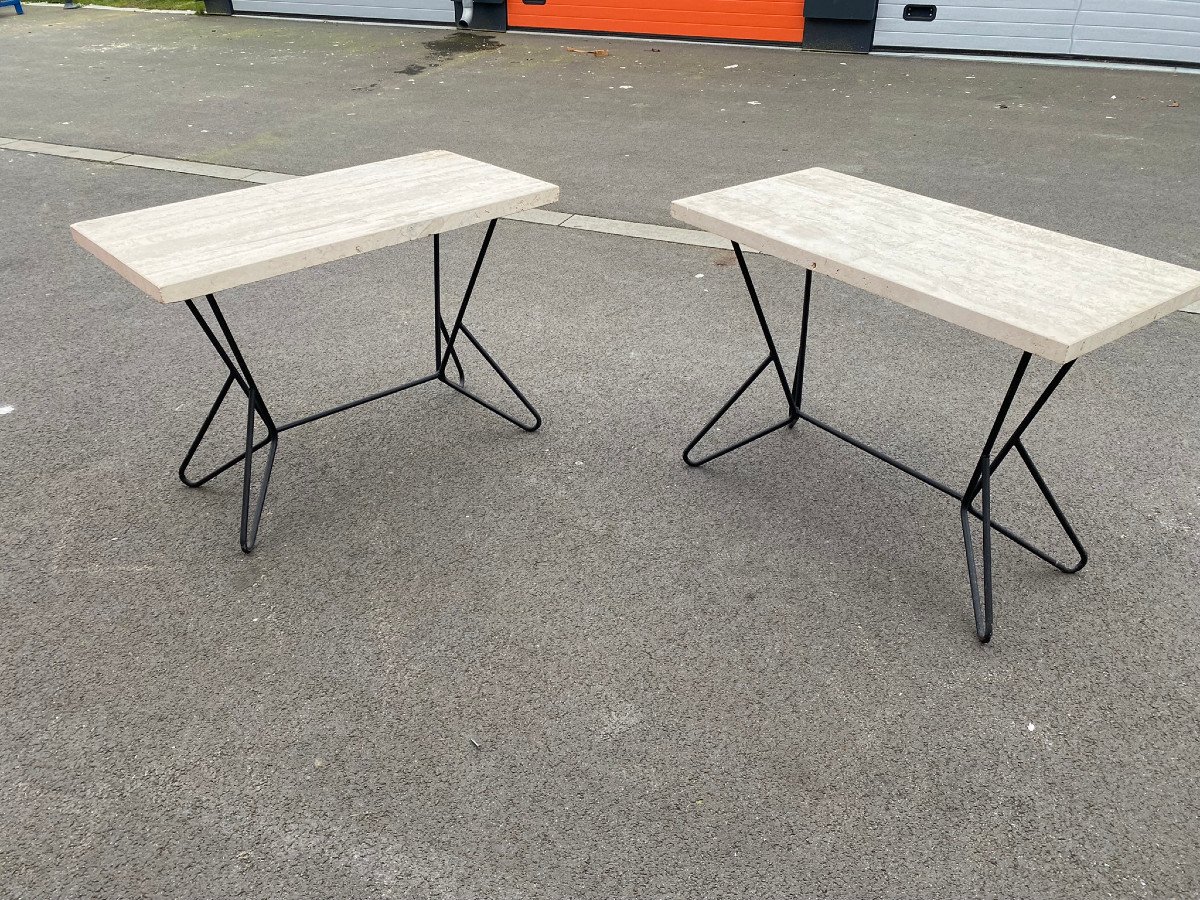 Two Lacquered Metal Consoles, Travertine Trays, Circa 1950/1960