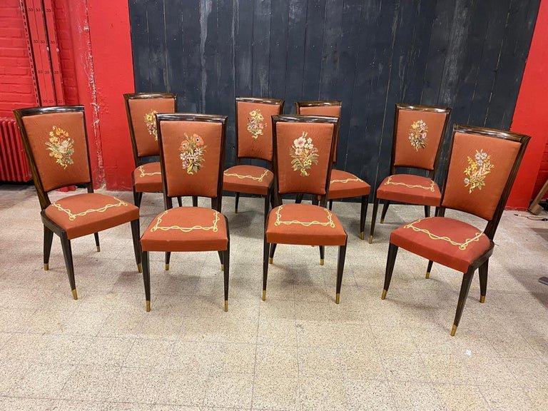 Baptistin Spade, Rare Suite Of 8 Art Deco Chairs With Tapestry Circa 1930/1940-photo-4