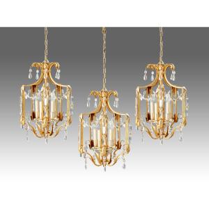 Maison Baguès, Suite Of 3 Lanterns In Golden Metal, Silver Metal And Crystal Pendants