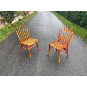 Paire De Chaises En Bois Laqué Imitant Le Bambou Circa 1950