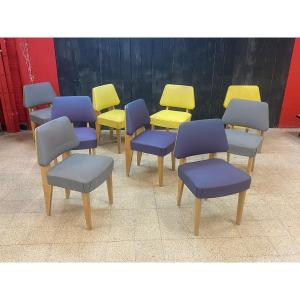 Suite Of 9 Reconstruction Period Chairs In Elm And Laminate, Circa 1950