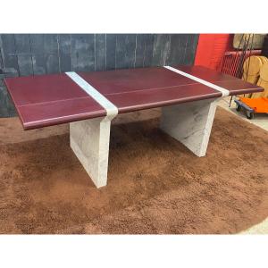 Elegant Large Desk In Cararre Marble And Leather, Italy Circa 1970/1980