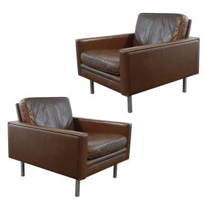Pair Of Armchairs In Leather And Chromed Metal, Knoll Style, Circa 1970