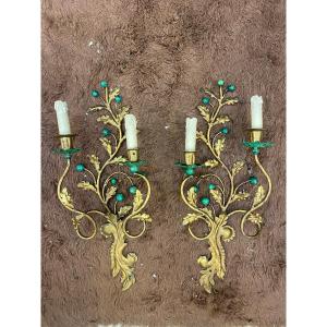 Amusing Pair Of Sconces In Bronze, Gilded Metal And Painted Wood Circa 1950