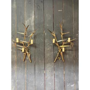Maison Charles, Pair Of Bronze Sconces With Bamboo Decor, Circa 1950/1960, Signed