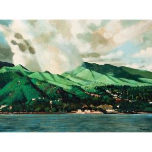 Jean Thomas, "polynesia: Waterfront In Papeete". Oil On Canvas Signed And Dated 1981.