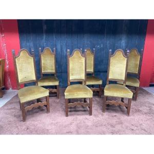 Set Of 6 High Back Oak Chairs Circa 1950