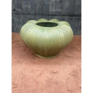 Large Tinted Rattan Planter (water Green) Circa 1970