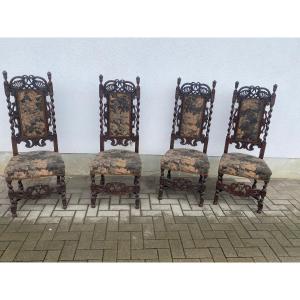 Suite Of 4 Old English Renaissance Style Chairs In Oak And Tapestries Circa 1900