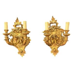 Pair Of Golden Wood Sconces, Baroque Style, Circa 1930/1950