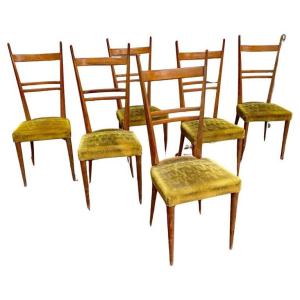 Roset , 6 Chaises à Hauts Dossiers En Frêne Circa 1950 , Style Gio Ponti