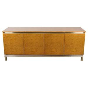 Guy Lefevre, Rare Elm Burl Sideboard, On Steel Base Circa 1970