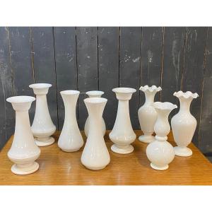 Lot Of 9 Opaline Vases Napoleon III Period, From 29 To 33 Cm High