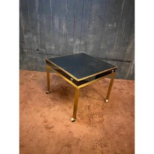 Guy Lefevre, Game Table In Brass, Lacquered Wood And Faux Leather Circa 1970