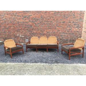 Scandinavian Teak Living Room With A Bench And Two Armchairs Circa 1970