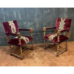 Amusing Louis XIII Style Armchairs, Circa 1900/1930, New Fabric